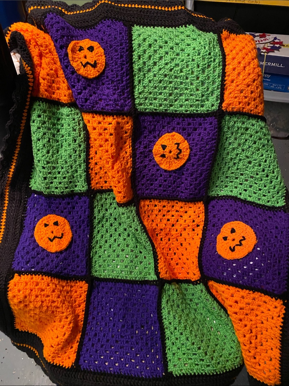 Handmade crochet Halloween Patchwork Blanket - Orange, Purple & Green